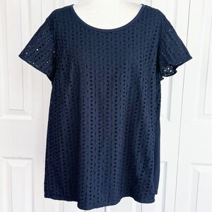 Lane Bryant Navy Mixed Media Perforated Cotton Knit Tie Back Top 18/20